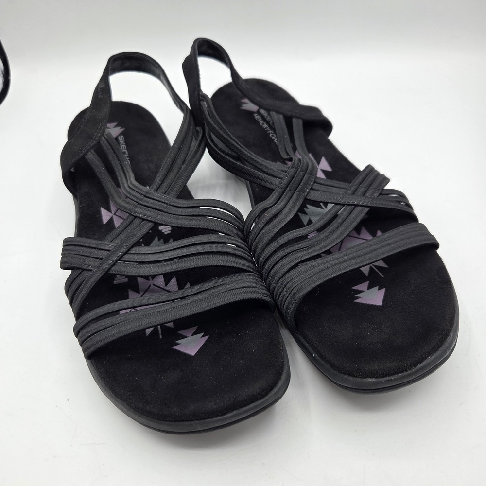 Skechers Black Strappy Memory Foam Womens Sandals Stretchy Size 10